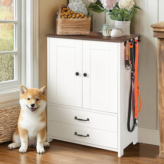 Dog Feeding Station Storage Cabinet: Pet Feeder Container Cabinet with 2 Hidden Raised Dog Bowls Drawers for Feeding & Watering Supplies