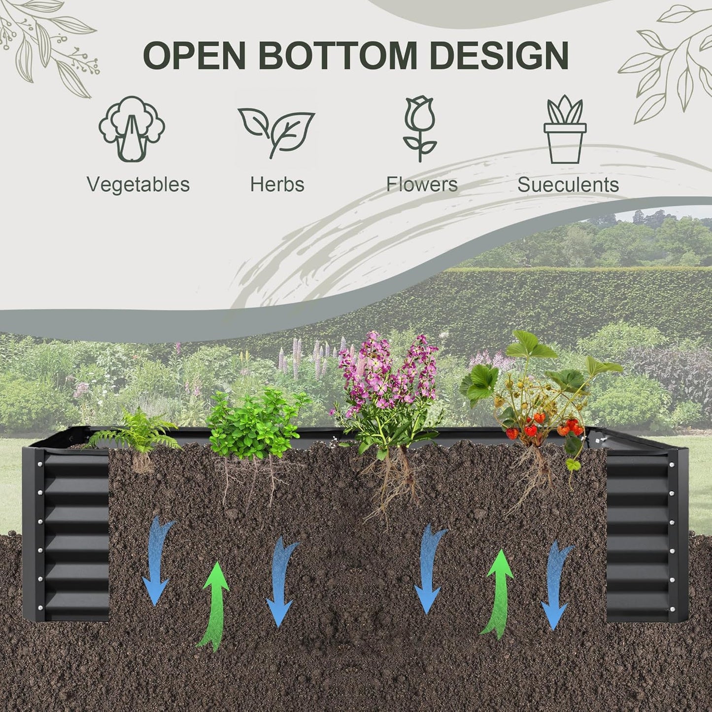 Domi Raised Garden Beds Outdoor, 6x3x2ft Thickening Tall Metal Rectangular Deep Root Box Planter for Vegetables, Flowers, Herbs, and Succulents 2" Deep w/ 256 Gallon Capacity - Dark Gray