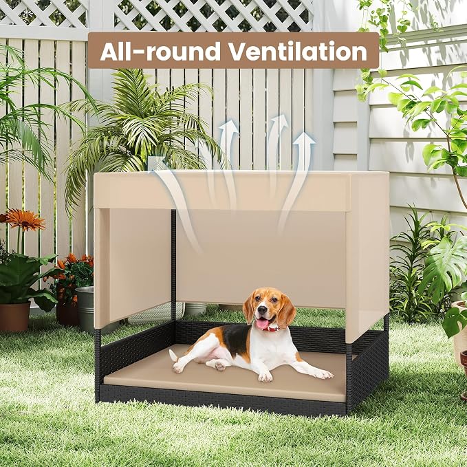 Tangkula Elevated Wicker Dog House for Small to Medium Breeds, Raised Rattan Pet Sofa Bed with Removable Cushion, Canopy Roof, Indoor & Outdoor Puppy Cat Shade Shelter for Patio, Yard, Garden