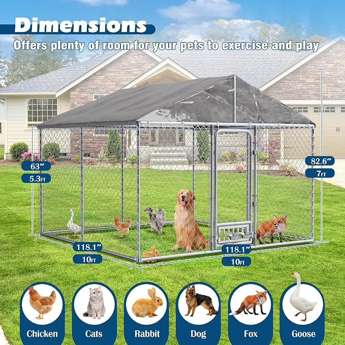 10×10×7 FT Outdoor Dog Kennel Enclosure w/Roof, Rotating Feeder | Large Heavy Duty Dog Run Playpen with 2 Stainless Bowls, Galvanized Pet House with Secure Lock, Waterproof Cover