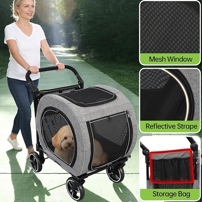 Saudism Pet Stroller for Dogs Cats up to 50 lbs, Foldable Dog Stroller with 360° Swivel Wheels, Detachable Carrier, Adjustable Handle, Travel Dog Stroller for Small Medium Large Pets, Gray