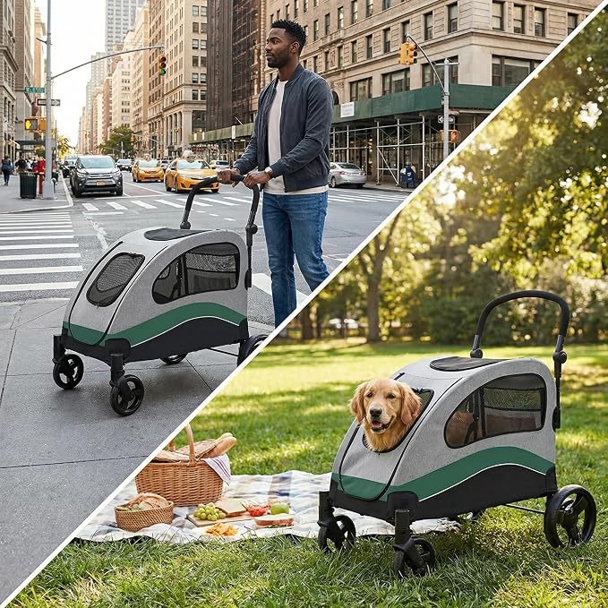 Garvee Extra Large Dog Stroller with Steel Pipe Frame, Wheels, Brakes, Shock Absorption, Foldable Design - Green