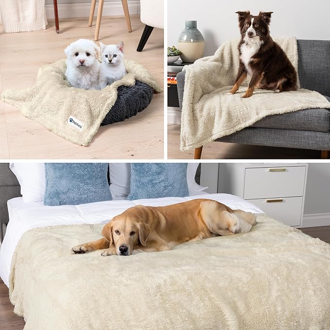 PetAmi Fluffy Waterproof Dog Blanket for Bed Large Dogs, Soft Warm Pet Sherpa Throw Pee Proof Couch Cover, Reversible Cat Blanket Sofa Crate Kennel Protector, Washable Mat Queen (Beige Cream, 90x90)