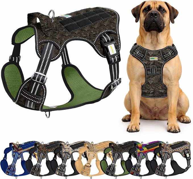 Homapet. Tactical Dog Harness with Dual Leash Attachment Points, Adjustable and Reflective Military Grade Dog Vest with Comfort Control Handle (Forest CAMO-M)