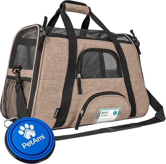 PetAmi Airline Approved Pet Carrier for Cats & Small Dogs, Soft Sided TSA Travel Carrier Bag with Sherpa Bed, Breathable Mesh Ventilation, Collapsible Bowl, Up to 18 lbs, Large Heather Taupe