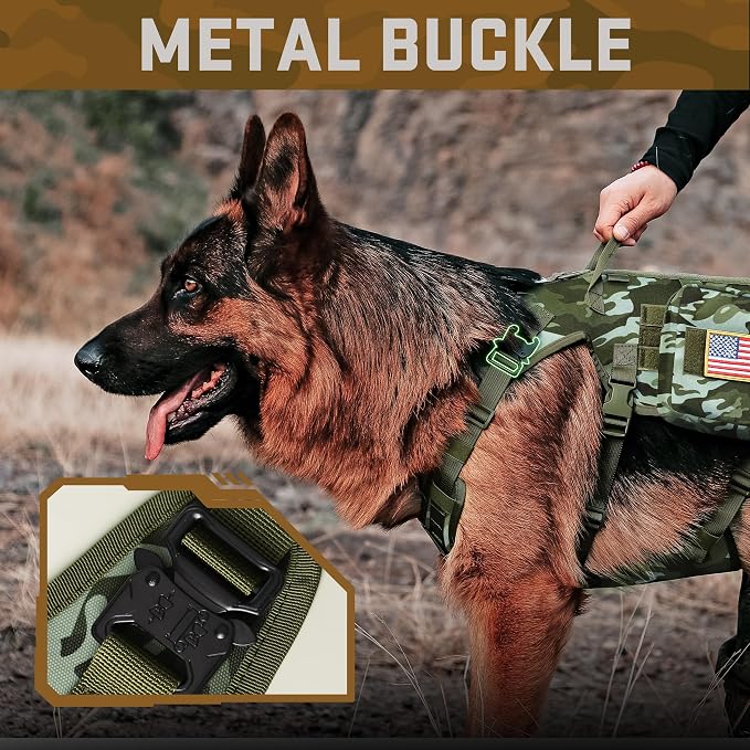 Forestpaw Tactical Dog Harness Collar Bungee Leash Set,M,Camo Green | Adjustable Fits 22-35" Chest,30-80 lbs,No Pull Control Military Style,Quick Release Buckle,Walking Training for Medium Dogs