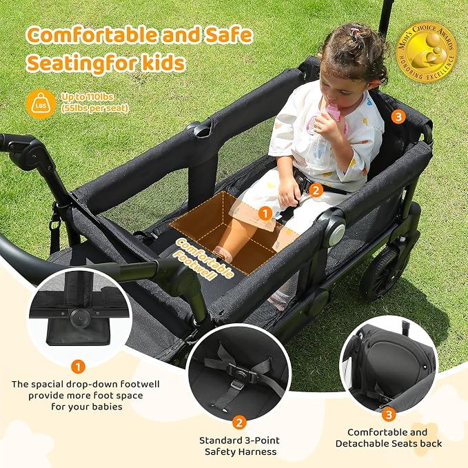 ELEMARA Stroller Wagon, 2 Seat Stroller for 2 Kids, Premium All Terrain Stroller for Kids w/Removable Canopy, Adjustable Push/Pull Handle, Large Storage Bag, Black