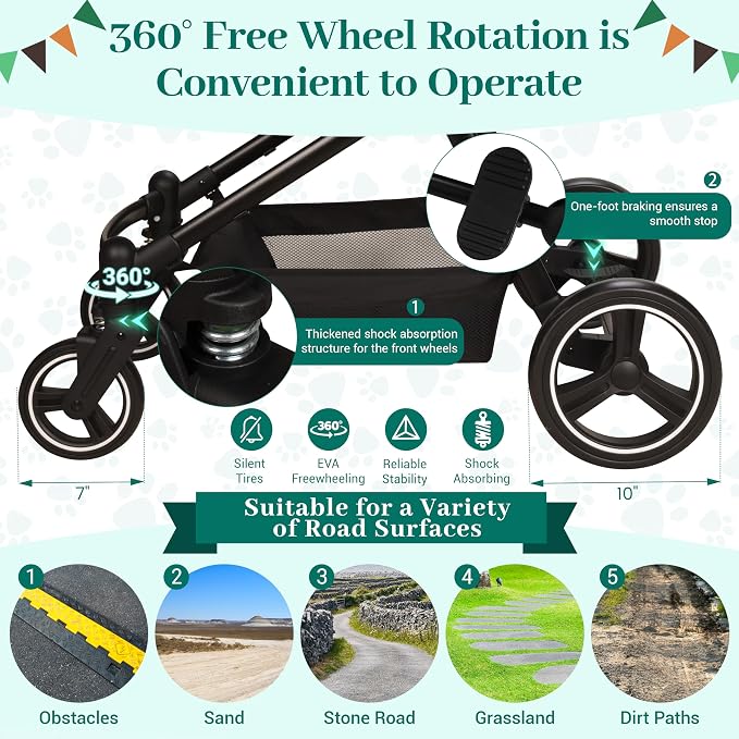 Foldable Double Pet Stroller for 2 Small Medium Cats Dogs | Convertible single/double | Detachable carriers | All-terrain wheels & shock | Safety brakes & tether | Breathable oxford