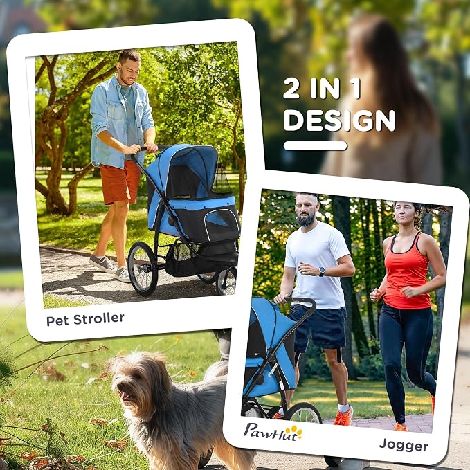 PawHut 3 Wheels Pet Stroller, Foldable Dog Stroller with Adjustable Canopy, Safety Tether, Cushion, Storage Basket, Portable Jogger for Small and Medium Dogs and Cats, Blue