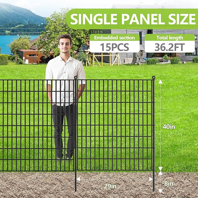 Toolterritary 15 Panels No Dig Garden Fence, 40 in(H) X 36.3 ft(L) Metal Fence Panels, Thickened Rustproof Garden Fencing, Animal Barrier Fence for for Dogs, Rabbits, Landscape, Patio