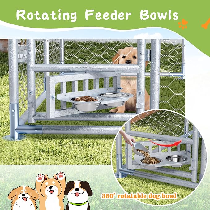 Grepatio 7.5x7.5 FT Outdoor Dog Kennel with Roof, Outside Dog Enclosure with 2 Rotating Feeder Bowls, Dog Kennel Dog Playpen Fence for Large Dogs with Secure Lock (7.5x7.5 FT)