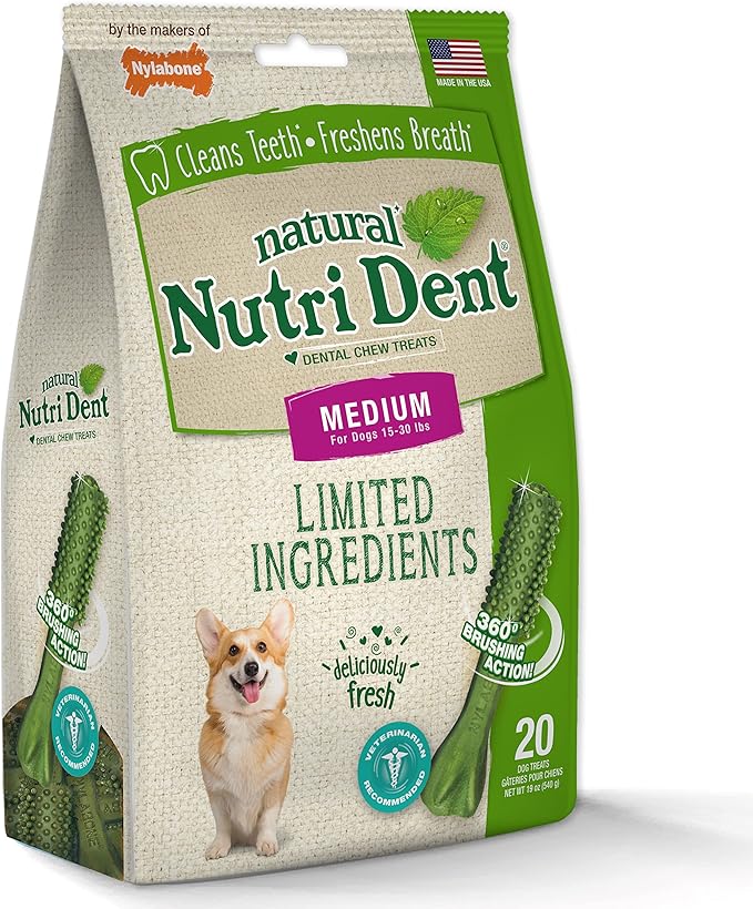Nylabone Nutri Dent Dog Dental Chews - Natural Dog Teeth Cleaning & Breath Freshener - Dental Treats for Dogs - Fresh Breath Flavor, Medium (20 Count)