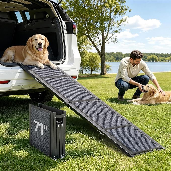 VEVOR Dog Ramp for Cars, 71" L x 17" W, Folding Pet Ramps for Medium & Large Dogs up to 250lbs, Pet Stair Ramp with Non-Slip Felt Rug Surface, Portable Outdoor Dog Car Ramps for SUV & Truck