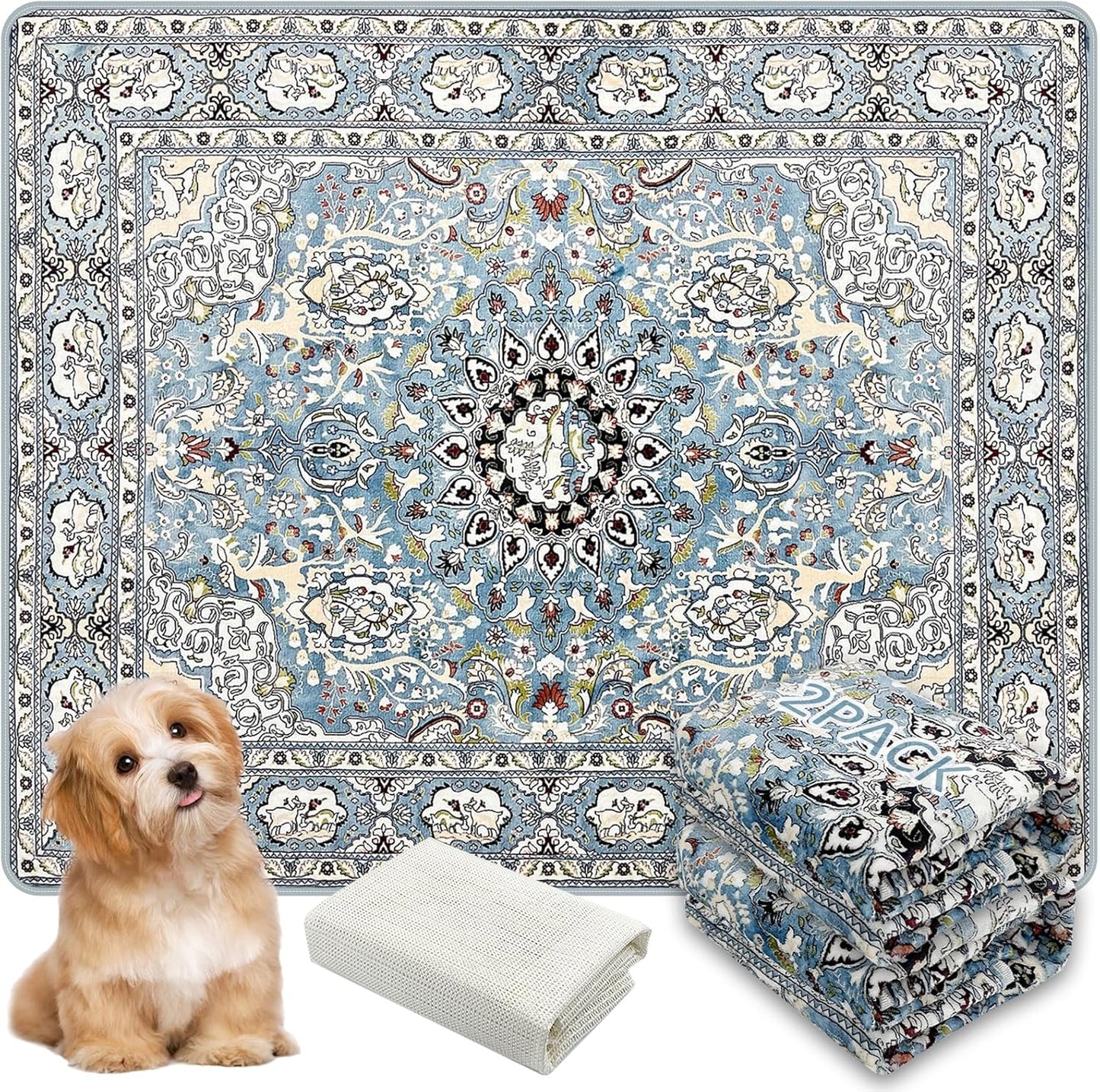 Washable Pee Pads for Dogs, (2 Pack, 36"x42") Upgrade Reusable Puppy Pads with Non-Slip Rug Pad, Super Thickening Absorbent Leakproof Dog Traning Pads Whelping Pad for Dogs, Doggie(Blue-2)