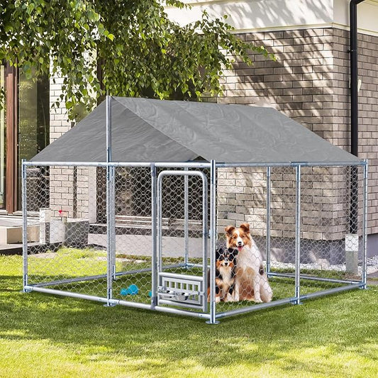 Grepatio 7.5x7.5 FT Outdoor Dog Kennel with Roof, Outside Dog Enclosure with 2 Rotating Feeder Bowls, Dog Kennel Dog Playpen Fence for Large Dogs with Secure Lock (7.5x7.5 FT)