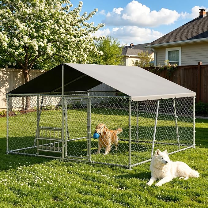 GarveeLife Outdoor Dog Kennel with Waterproof Cover, Dog Kennel Outside with Adjustable Bowls Feeder, Outdoor Dog Enclosure for Medium Large Dogs, 10ftx10ftx5.9ft