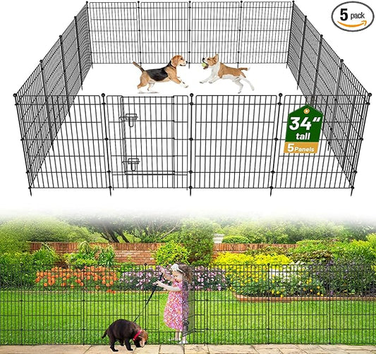 5 Panels No Dig Garden Fence with Gate, 34in(H) × 11.25ft(L) Decorative Metal Outdoor Dog Fence, Rustproof Pet Fencing for Yard, Patio, Flower Bed -Temporary Fencing| Easy to Install