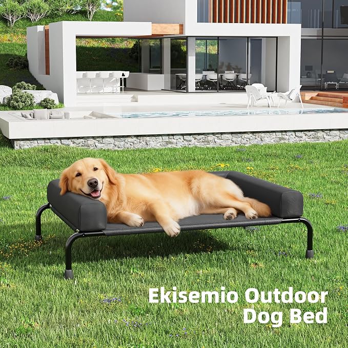 Ekisemio Elevated Dog Bed for Large Dogs, Cooling Raised Pet Cot with Breathable Mesh and Bolsters, Removable & Waterproof Outdoor Indoor Dog Bed, 47.75" x 31", Black