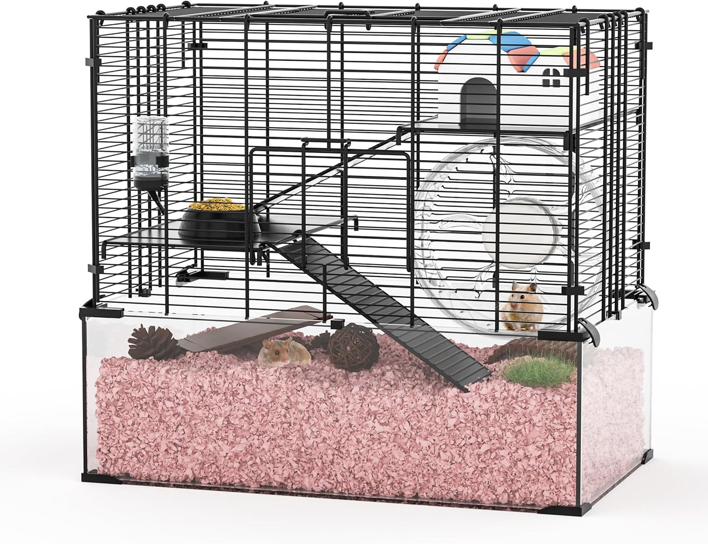 3-Tier Glass Hamster Tank, Large Hamster Cage Habitat with 11inch Big Running Wheel for Rat, Mouse, Gerbil, Syrian Hamster, 370 SQ INCHES