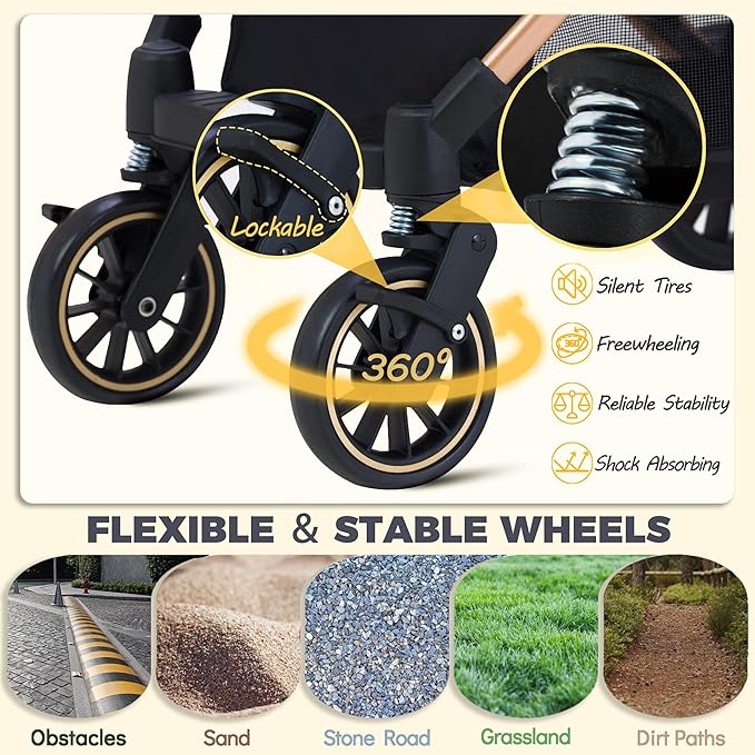 Dog Stroller for Small Dogs, Lightweight Pet Stroller for 2 Cats Dogs with 6 Shock Absorption System, Detachable Carrier Suitable for Car Seat & Hand Carry, Safe Outings, Black
