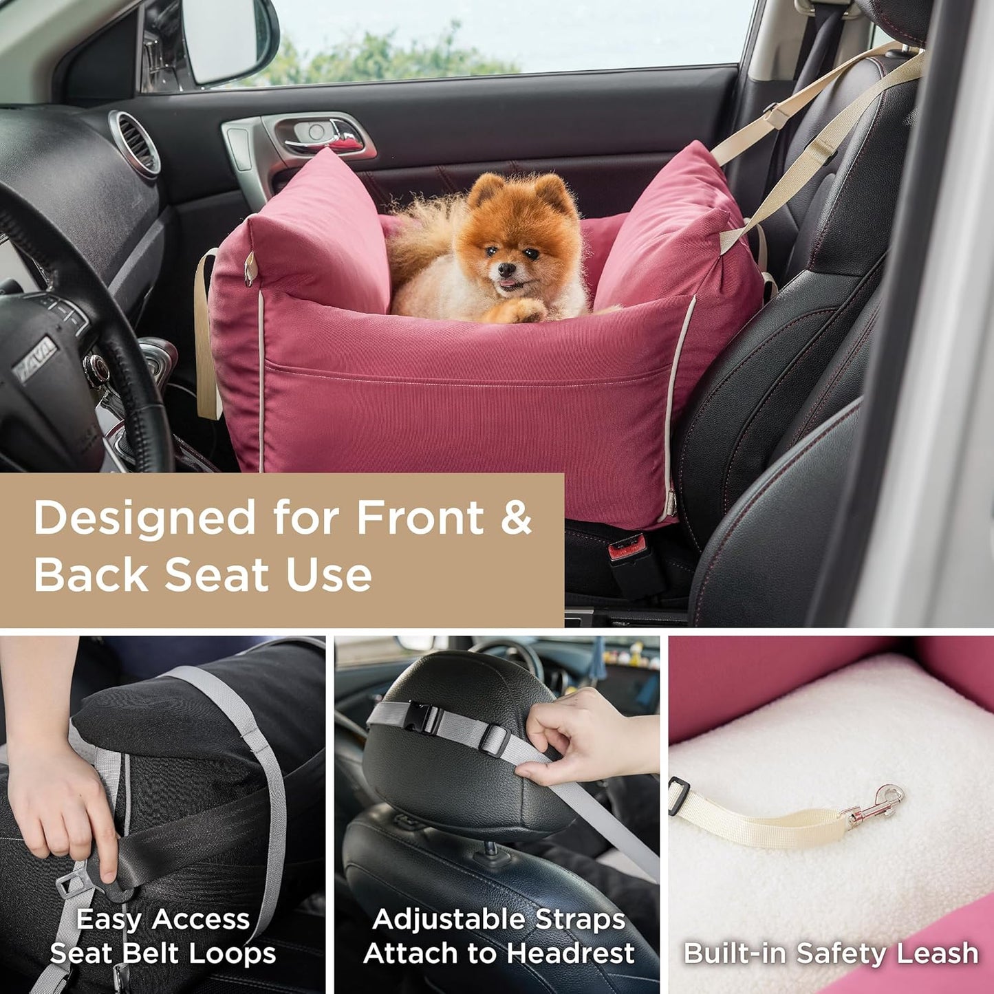Lesure Small Dog Car Seat for Small Dogs - Waterproof Dog Booster Seat for Car with Storage Pockets and Clip-On Safety Leash and Thickened Memory Foam Filling, Pet Travel Carrier Bed Rose Red
