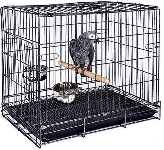 Durable Easy Portable Collapsible Metal Travel or Veterinary Collapsable Parrot Bird Carrier Beaks-Proof Easy Clean Carrier Cage with Stainless Steel Feeder Bowls Natural Wooden Perch