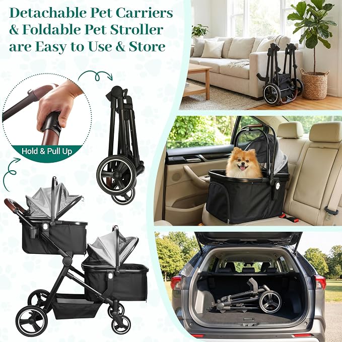 Foldable Double Pet Stroller for 2 Small Medium Cats Dogs | Convertible single/double | Detachable carriers | All-terrain wheels & shock | Safety brakes & tether | Breathable oxford