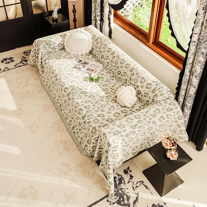 VClife Bohemian Couch Cover, Large Leopard Couch Covers for Dog, Soft Animal Print Furniture Protector for Sofa Bed, 1 Piece Large Couch Cover for 2 Cushion Couch Sofa, Washable, Non-Pilling, Green