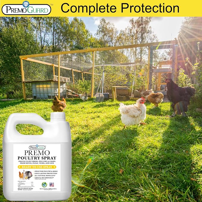 Premo Guard Poultry Spray - 128 oz - Kill Scaly Leg, Mites, Fleas, Lice, & Other Pests on Chickens and in Coops - Natural Plant Based Oils for Control & Prevention - Family Safe with No Egg Withdrawal