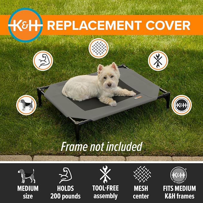 K&H Outdoor Elevated Dog Bed Pet Cot Replacement Cover, Medium 32x25in | Designed to fit K&H Medium Pet Cots (Sold Separately), Indoor Outdoor Dog Bed, Breathable Mesh Center, Machine Washable, Gray