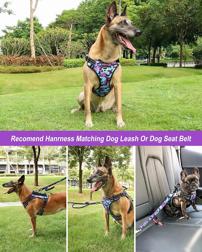 Tactical Dog Harness No Pull,Service Dog Vest with Handle,Purple Camo, XL | Adjustable Military,Reflective ＆ Molle Loop Panels, for Medium Large Size Dogs for Training Walking Running
