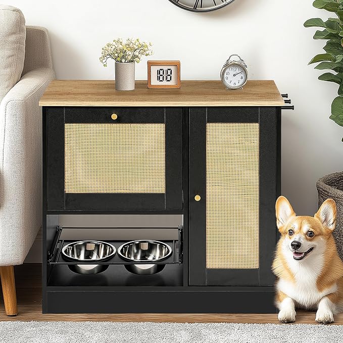 Feeding Station with 2 lockers, pet Feeding Station with 2 Elevated Dog Bowls, Side Hooks, Anti-Tipping kit, Hidden pet Feeding Station for Feeding and Watering, Rattan Door, Black
