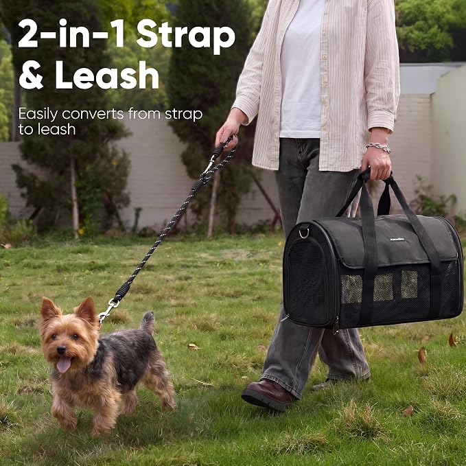 FUKUMARU Cat Carrier, Light & Airy Pet Carrier, 18x11x11 Airline Approved Dog Carrier for Small Dogs, 2-in-1 Shoulder Strap Leash, Collapsible Soft Cat Travel Carrier with Anti-Scratch Mesh, Black