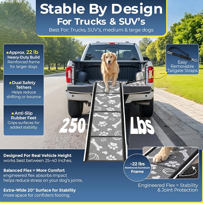 Heavy-Duty 22 lb Dog Ramp for Large Dogs, Car, SUV & Truck, 71" Long x 20" Wide, Built for Maximum Stability, Aluminum Pet Ramp with Side-Strap Stability System, 250 lb Capacity
