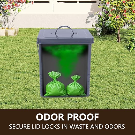 1.85Gal/7L Small Outdoor Trash Can with Lid, Metal Dog Poop Trash Can Outside, Dog Waste Container Bucket Handle(75 Trash Bags Included)-Gray