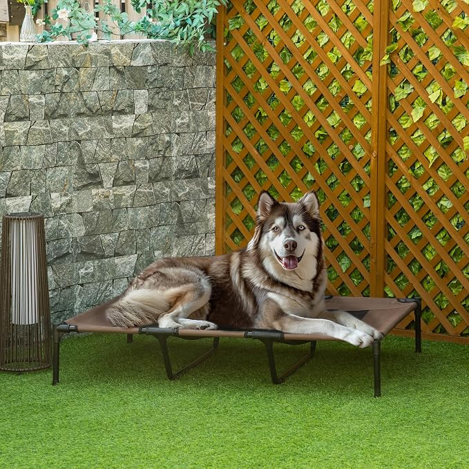 PawHut XL Elevated Dog Bed Outdoor Raised Dog Bed w/Carry Bag Tan | Portable Pet Cot, Metal Frame, Breathable Mesh, Indoor and Outdoor