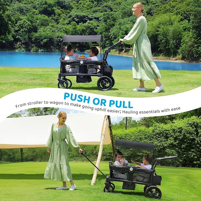 ELEMARA Foldable Wagon Stroller, Stroller Wagon for 2 Kids, Premium All Terrain Wagon for Kids with Removable Canopy, Adjustable Push/Pull Handle, Harnesses, Large Storage Bag, Black