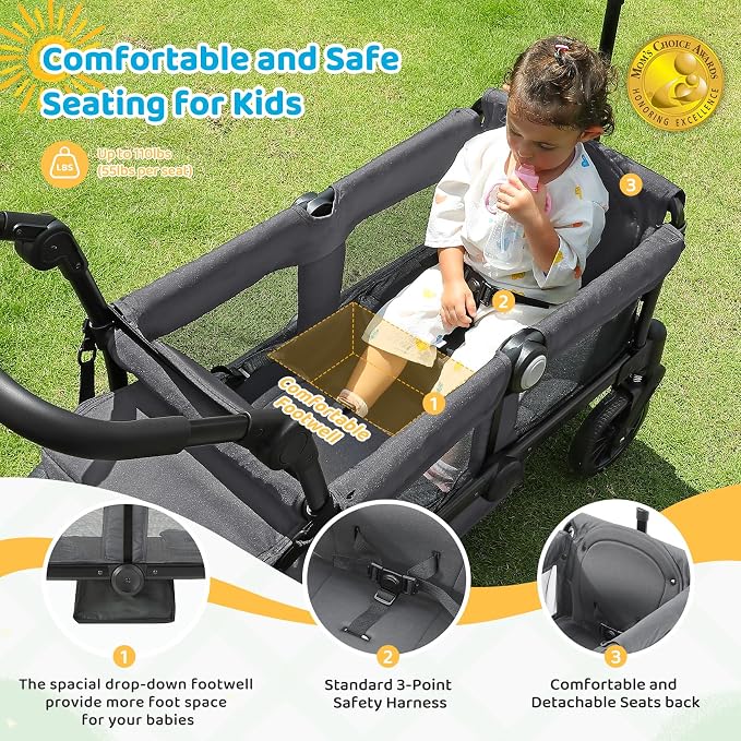 ELEMARA Foldable Wagon Stroller, Stroller Wagon for 2 Kids, Premium All Terrain Wagon for Kids with Removable Canopy, Adjustable Push/Pull Handle, Harnesses, Large Storage Bag, Gray
