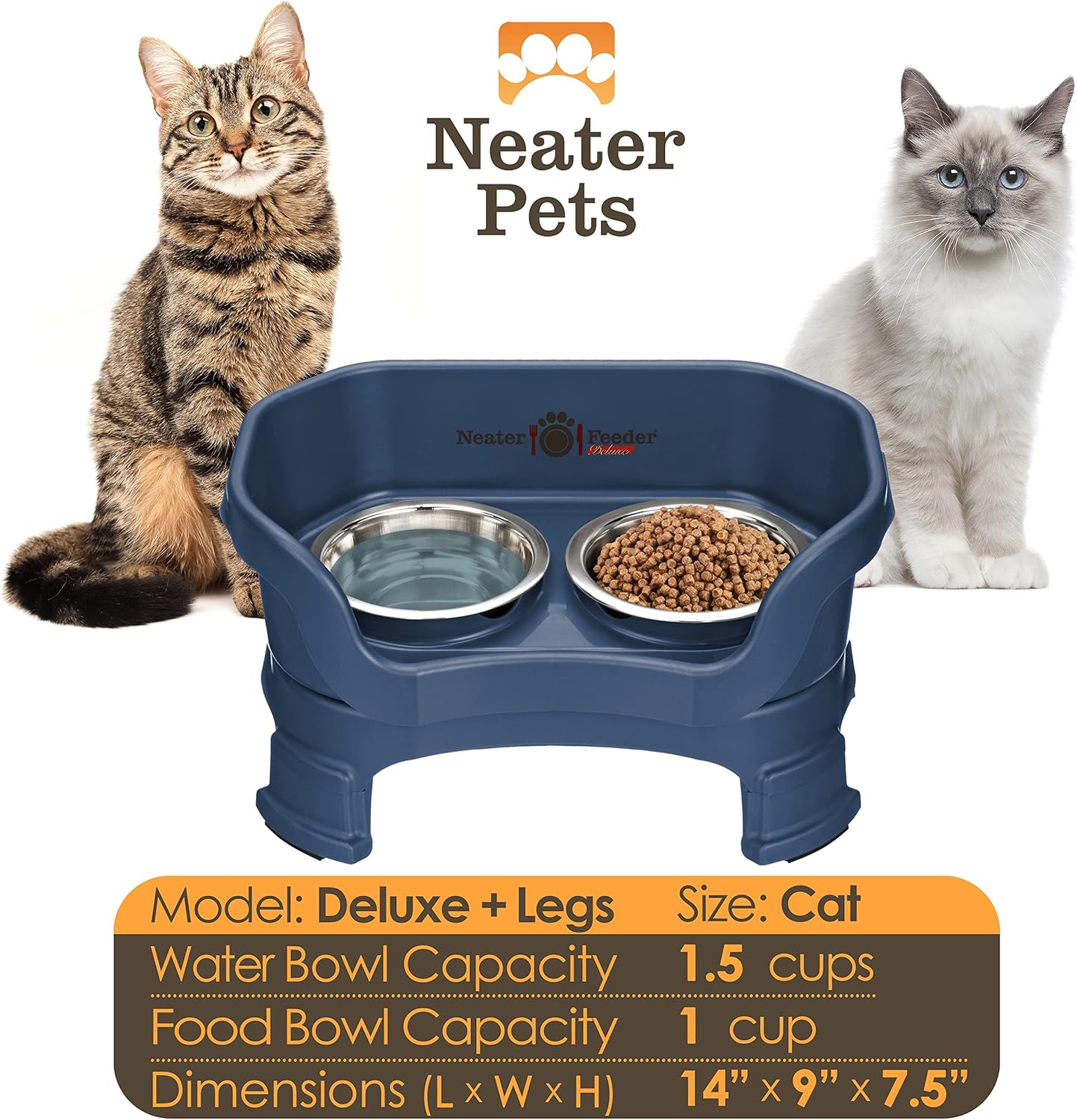 Neater Feeder Deluxe Mess Proof Cat Bowls Elevated for All Breeds – Made in USA – No Spill Raised Cat Bowls for Indoor Cats w/Leg Extensions – Stainless Steel Cat Food and Water Bowl Set - Dark Blue