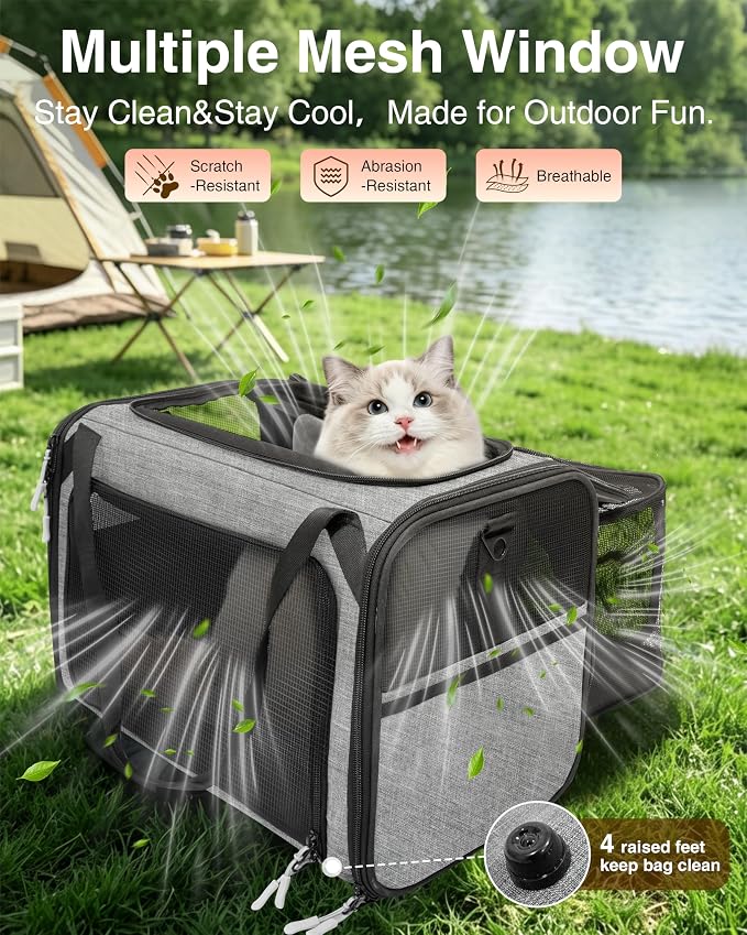 Expandable Cat Carrier Bag,Airline Approved Expandable Soft-Sided Pet Carrier(16"x 11"x 11") with Removable Pad,for Cats 12lbs,(Grey Black).