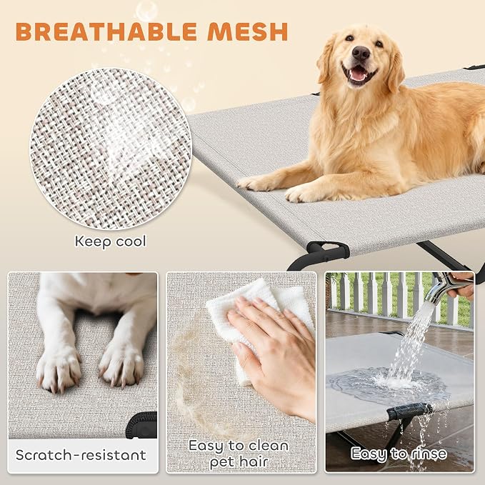 PawHut Elevated Dog Bed for Large Breeds Easy to Assemble 60" L Beige | Outdoor Dog Bed, No Tools Required, Portable Raised Pet Cot, Steel Frame and Breathable Mesh