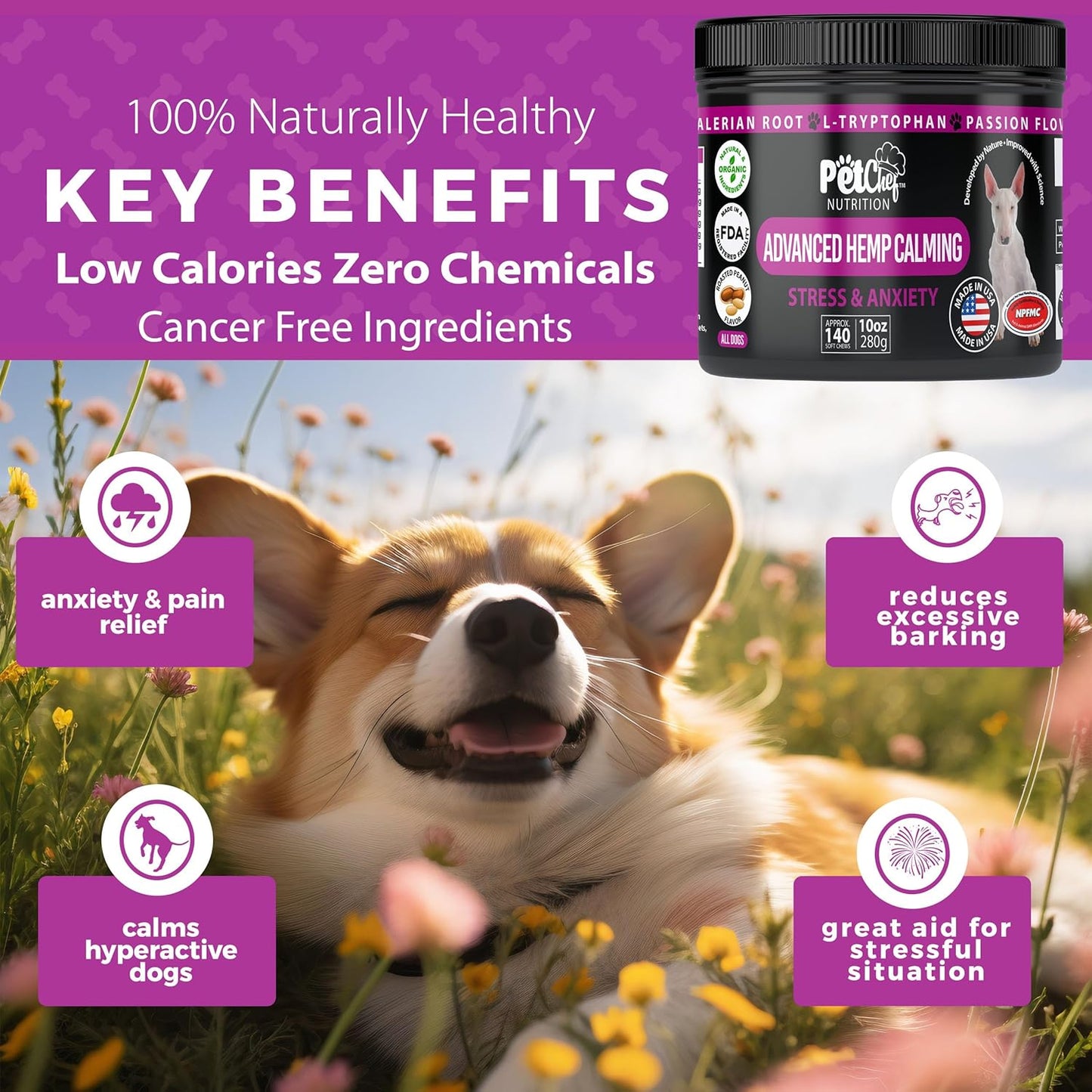 Pet Chef Dog Calming Chews 140 Ct - Hemp Calming Treats for Dogs Anxiety Relief - Natural Chews for Separation Anxiety, Stress & Pain - Peanut Butter Flavor - USA Made Calming Bites