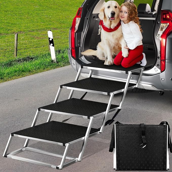 Joyrally 4-Step Dog Stairs for Car, Large Dogs, High-Traction Mat | 20 in extra-wide aluminum frame, 200 lb capacity and foldable design for SUV and truck trunks, for senior and injured dogs