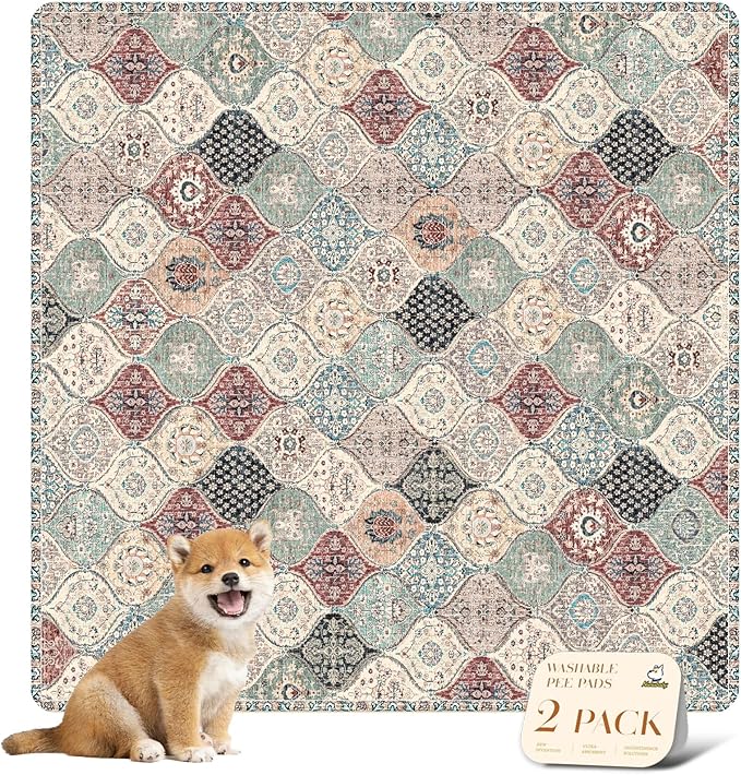 nunubaby Washable Pee Pads for Dogs, Stylish, Non-Slip and Leak-Proof Pee Pads. Reusable Potty Pads for Dogs for Crates and Floors.(Dark Red/Multi, 36" x36" )