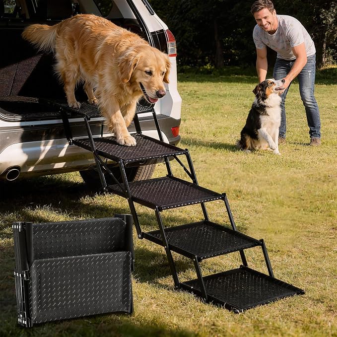 Extra Wide Dog Stairs for Car, 5-Step Pet Stairs for Senior & Large Dogs | Non-Slip Surface, Foldable Lightweight Dog Steps for SUV, Truck, Supports 250 lbs