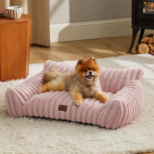 Bedsure Cute Cat Couch for Pets - Fluffy Small Dog Sofa with Premium Soft Corduroy Fleece, Pet Sofa with Removable Washable Cover, Supportive Dog Couch Bed for Small Medium Dogs, 30inch, Blush Pink