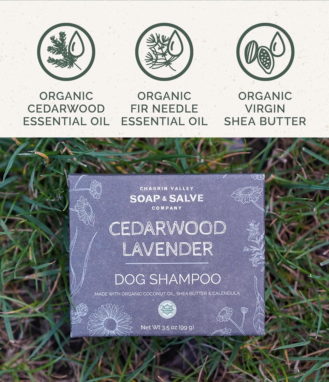 Chagrin Valley Soap & Salve Certified Organic Dog Shampoo and Conditioner - Dog Shampoo Itchy Skin Relief and Puppy Essentials - Natural Handmade Cedarwood Lavender, 3.8 oz Bar Soap