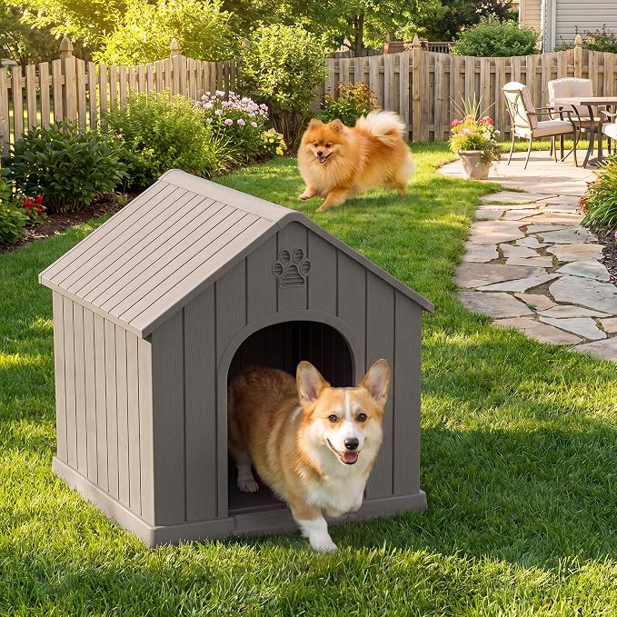 Dog House Outdoor, Plastic Small Dog House-Weatherproof Design with Air Vents & Elevated Floor for Small to Medium Dogs, Easy Clean and Assemble (Standard Grey, 26.18''L × 24.03''W × 25.98''H)