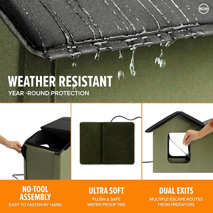 K&H Heated Cat House, Outdoor Extra-Wide Kitty House, Safety Listed, 20W | Heated Cat House for Outside, Weatherproof Shelter for Ferals, Insulated Shelter, 2 Doors, Waterproof Kitty Bed, Olive