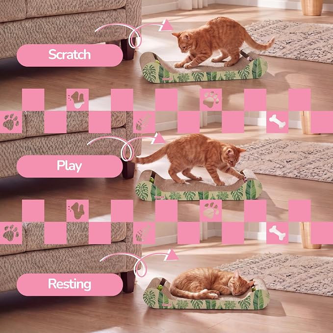 Rini 23.75" Modern Corrugated Cardboard Lounge Bed with Built-in Bell Toys and Catnip, Ergonomic Curved Sofa Scratcher for Indoor Cats, Mint/Green, (Set of 2) CSR1003E-SET2